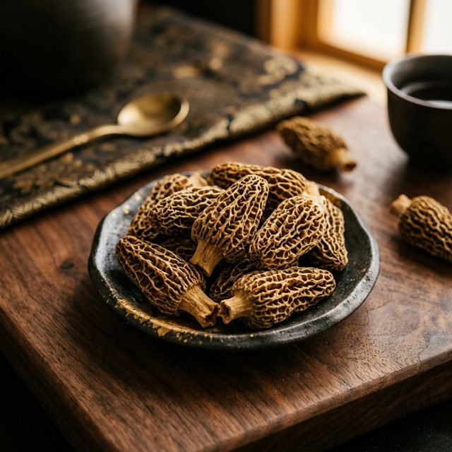 金堂羊肚菌干品特写,蜂窝状菌盖纹理清晰