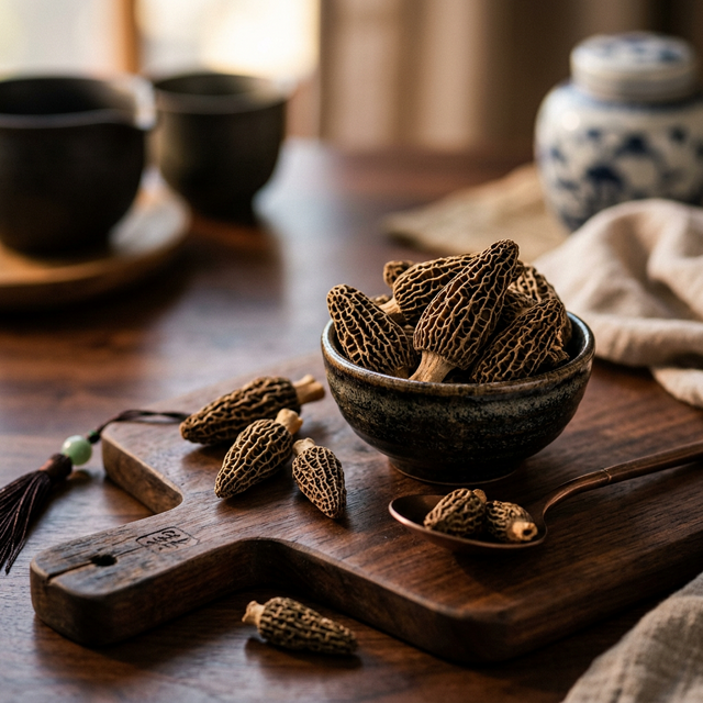 花姿盛精选干羊肚菌产品特写，菌体饱满纹理清晰