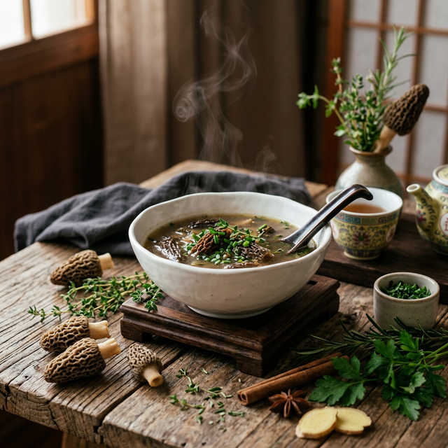 羊肚菌煲汤烹饪场景，汤汁浓郁香气四溢