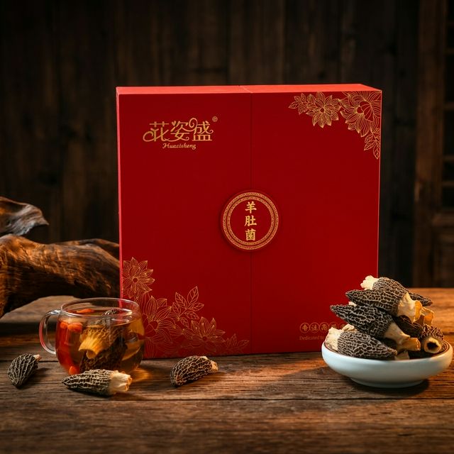 花姿盛金堂羊肚菌干品蜂窝状纹理特写