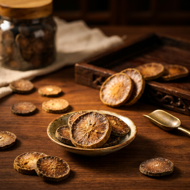 化橘红干果特写，金褐色纹理果皮置于深色木台上