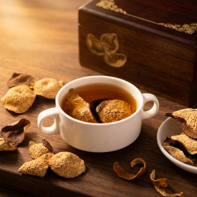 花姿盛新会陈皮产品特写，色泽红褐油润