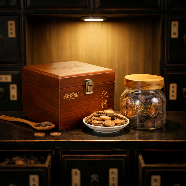 花姿盛化橘红产品特写，绒毛与切面纹路清晰