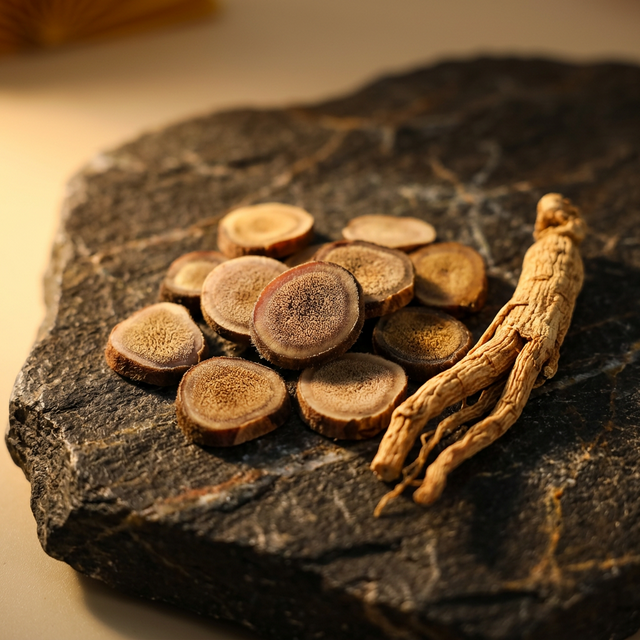 花姿盛鹿茸蜡片近景特写，搭配人参展示