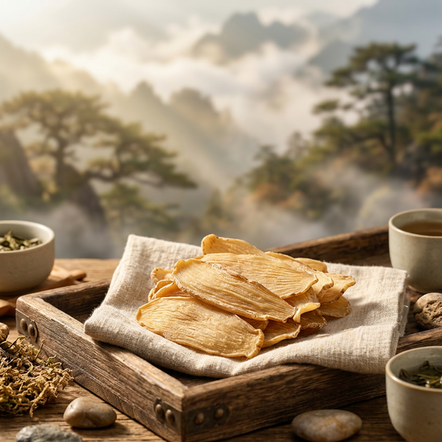 秦岭宁陕天麻干品特写,木托盘上质地饱满色泽温润