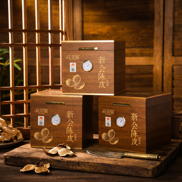 花姿盛新会陈皮三瓣开皮特写，油室纹理清晰