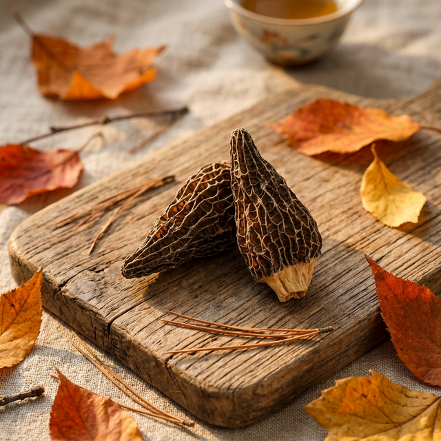 花姿盛金堂羊肚菌干品，林间木板上自然陈列