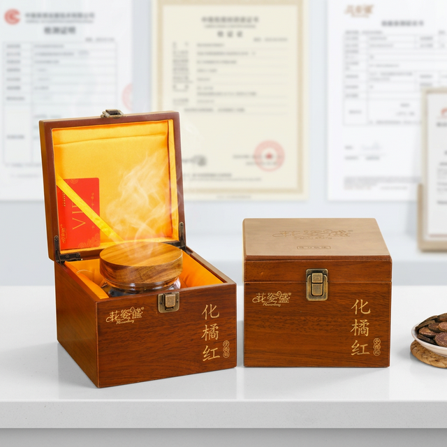 花姿盛化橘红产品特写,品质检测认证背景