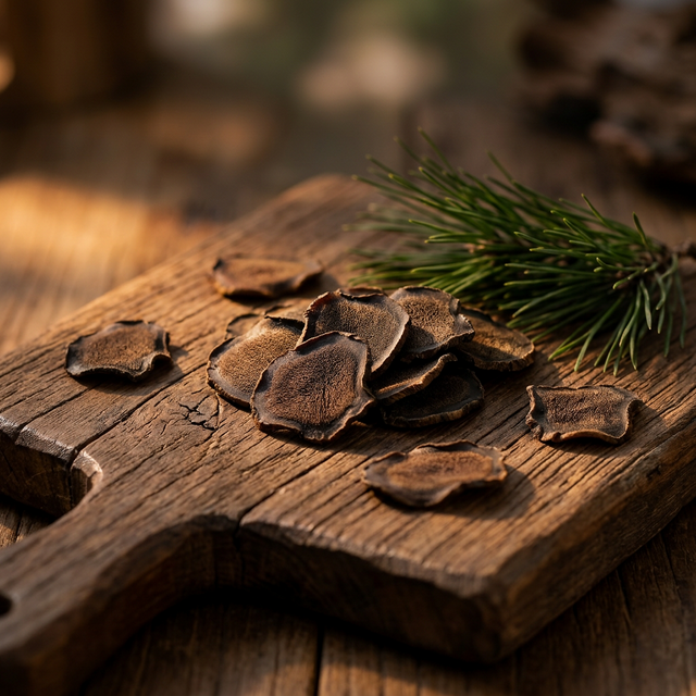 花姿盛鹿茸蜡片产品近景，松针木板上暖光特写