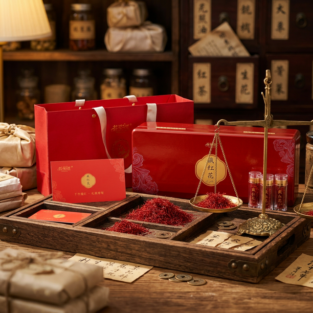 花姿盛藏红花丝在中药材验收托盘上的特写