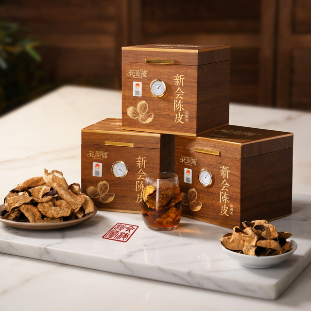 花姿盛新会陈皮产品特写,白色大理石面上展示品质