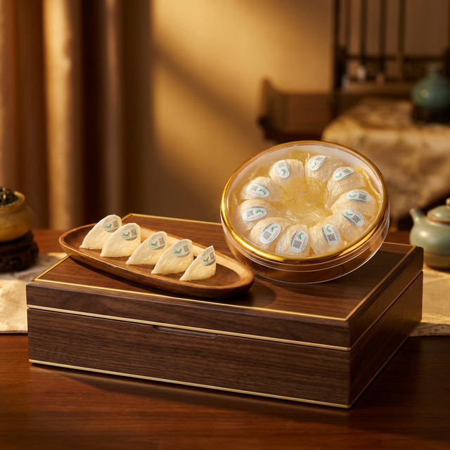 花姿盛燕窝礼盒内燕盏特写，天然盏型纹理清晰