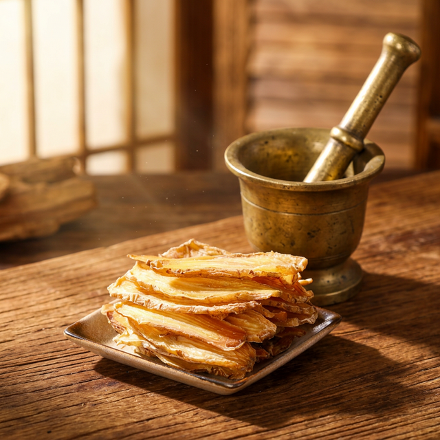 花姿盛天麻干品搭配传统铜研钵展示，暖阳色调