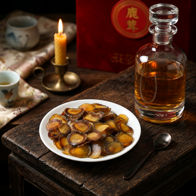 花姿盛鹿茸蜡片搭配酒瓶烛光展示