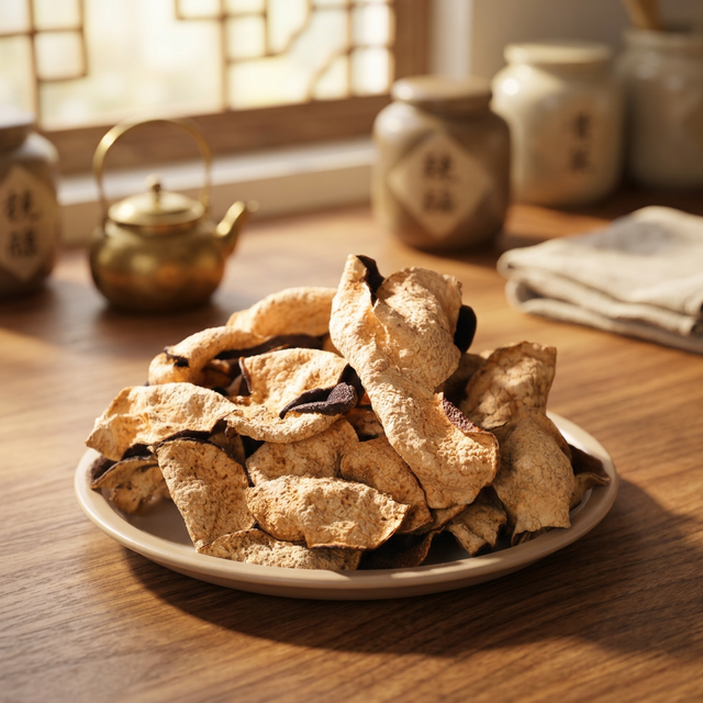 花姿盛新会陈皮产品特写，温暖晨光下展示自然色泽