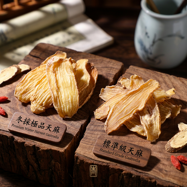 冬麻与春麻品质对比展示，深色胡桃木桌面上的天麻干品