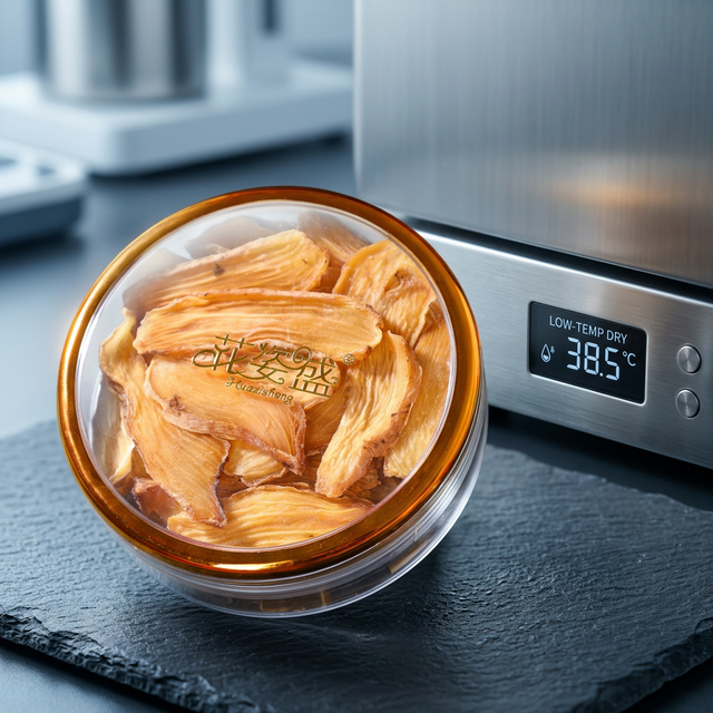 花姿盛天麻低温烘干工艺展示,控温设备旁的天麻干品