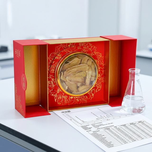 天麻HPLC检测场景，实验室色谱报告旁的天麻干品