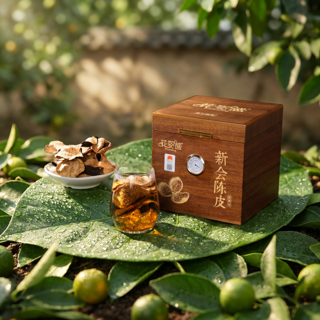 花姿盛新会陈皮置于鲜绿柑叶上,展示从果园到成品的品质之旅