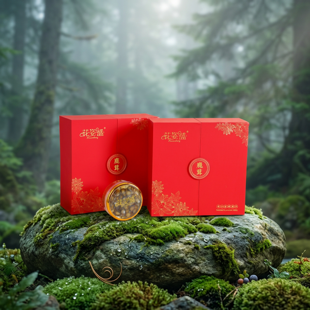 花姿盛鹿茸蜡片置于苔藓松林自然场景展示