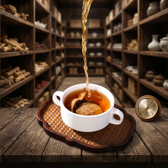 花姿盛新会陈皮在恒温恒湿干仓木架上陈化存储