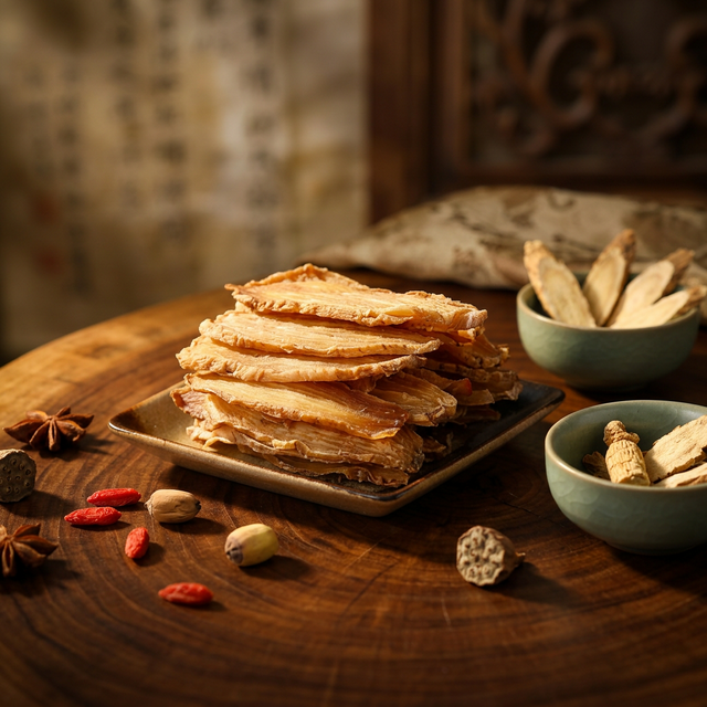 花姿盛秦岭宁陕天麻干片特写,质地紧实半透明