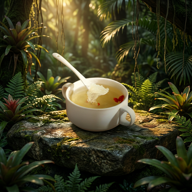 花姿盛燕窝在砂拉越雨林场景中的产品特写