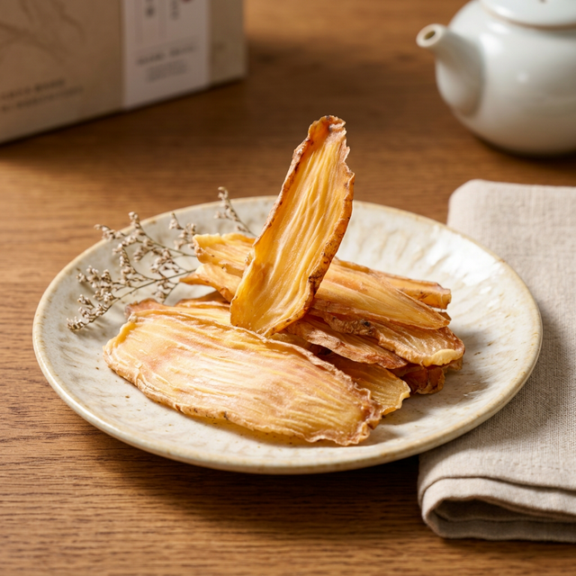 花姿盛天麻干片置于陶瓷盘中，质地紧实淡黄棕色
