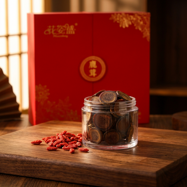 花姿盛长白山鹿茸蜡片特写，蜡黄色切面细腻如蜜蜡