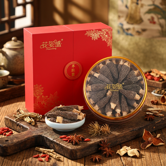 花姿盛金堂羊肚菌干品特写，菌帽完整肉厚