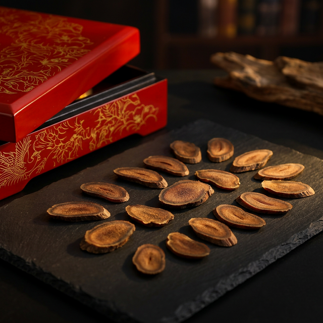 花姿盛鹿茸蜡片置于黑色石板上的高级产品特写