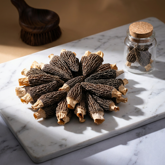 花姿盛金堂羊肚菌干品近景，蜂窝状菌帽纹理清晰