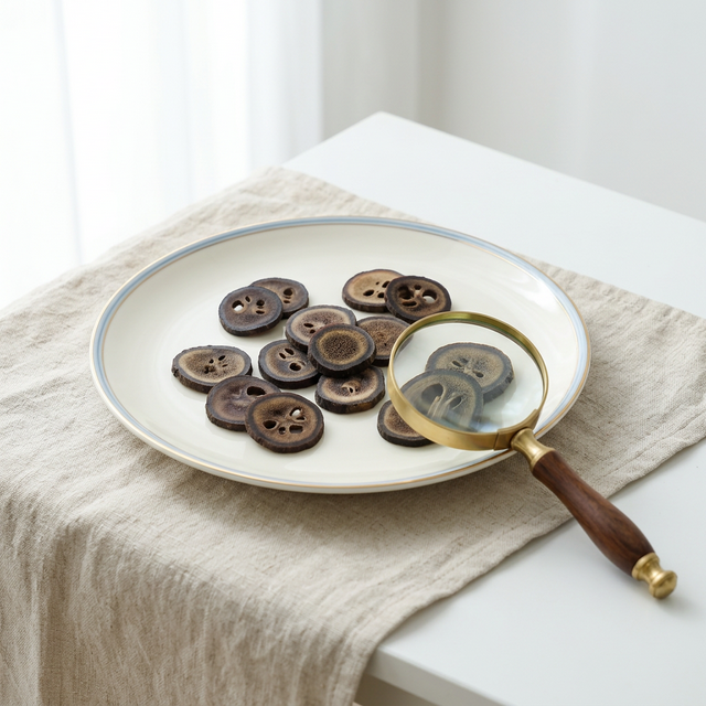 白瓷盘中的花姿盛鹿茸蜡片特写，旁置放大镜