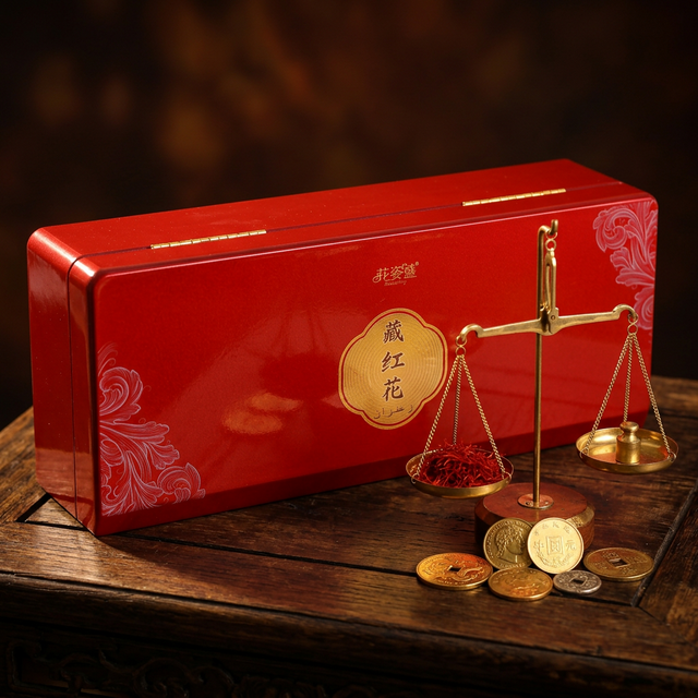 藏红花花丝与天平秤展示红色黄金价值