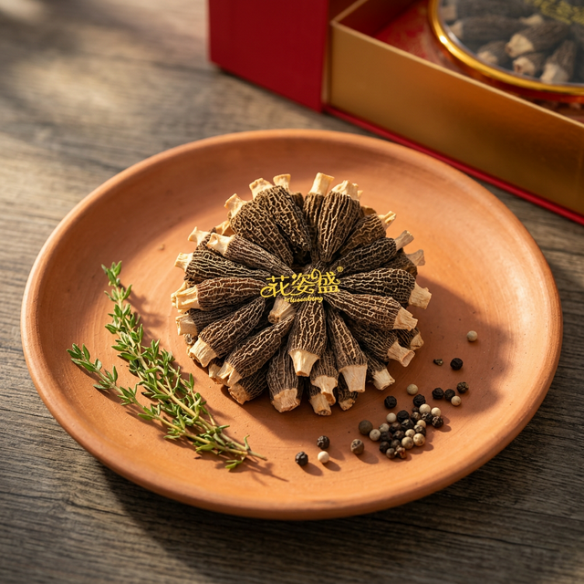 花姿盛金堂羊肚菌干品摆盘，蜂窝纹理完整饱满