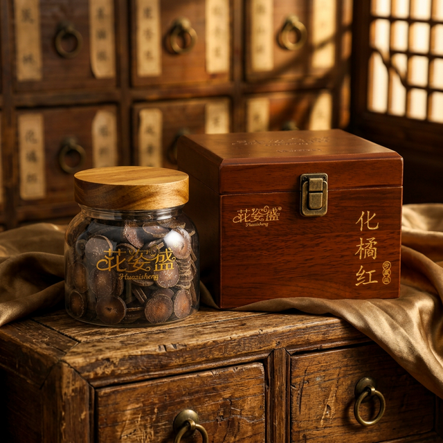 花姿盛化橘红正毛产品特写,丝绸衬底古朴药柜