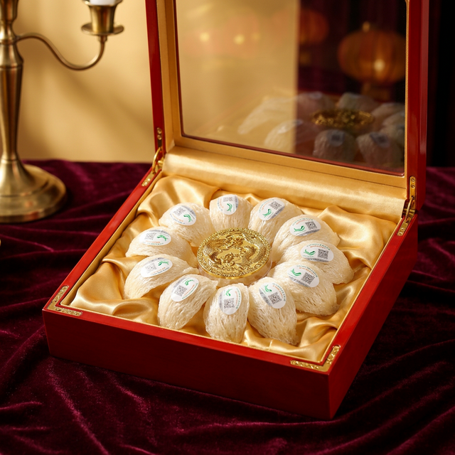 花姿盛燕窝红漆礼盒中的高端燕盏展示