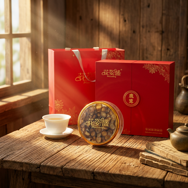 花姿盛鹿茸蜡片在晨光农舍木桌上的特写