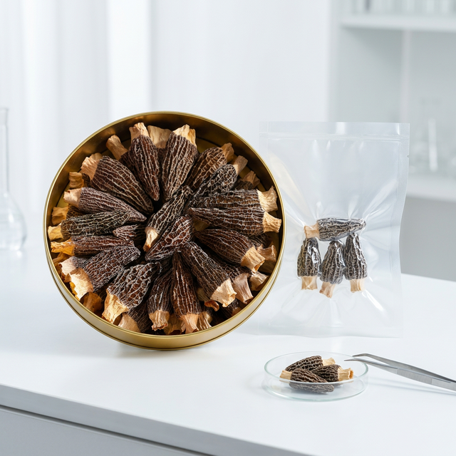 花姿盛金堂羊肚菌干品与真空密封包装特写