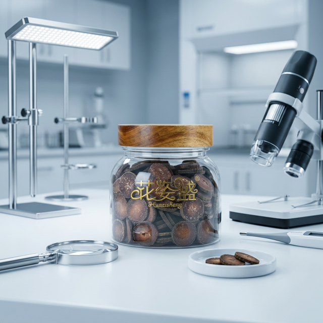 花姿盛化橘红产品检测特写，白色台面专业品质感