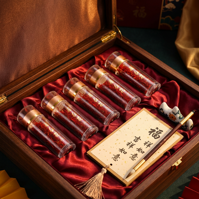 花姿盛藏红花木质礼盒与中式书法卡