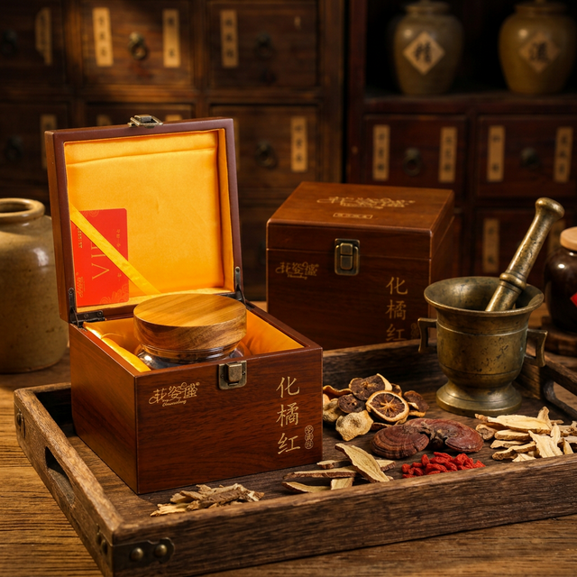 花姿盛化橘红产品特写，传统中药材托盘与铜臼