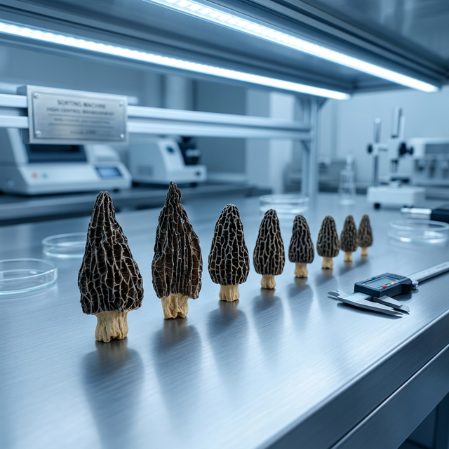 花姿盛羊肚菌按大小精准排列，展示分拣一致性