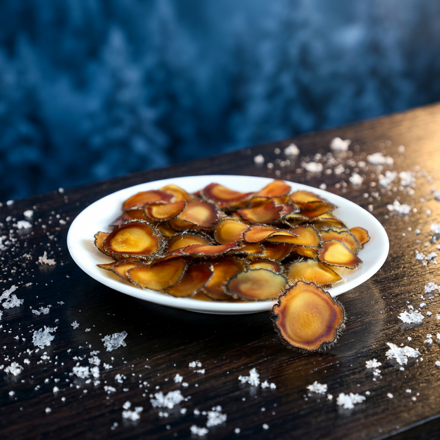 长白山鹿茸蜡片特写,蜜蜡色泽半透明质地