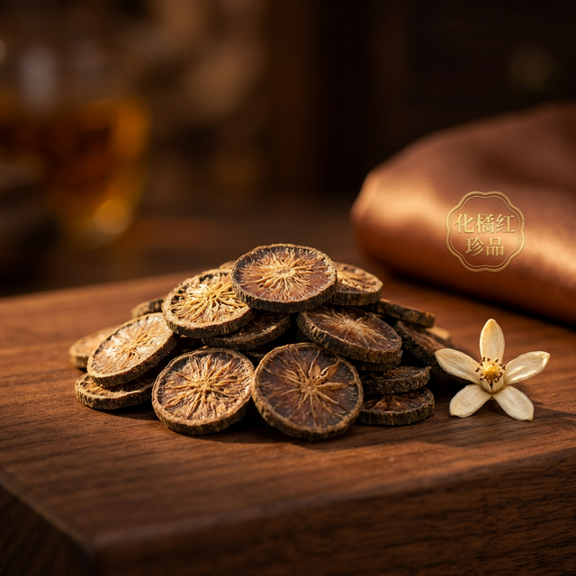 花姿盛化橘红干片特写，深褐色表面密布绒毛