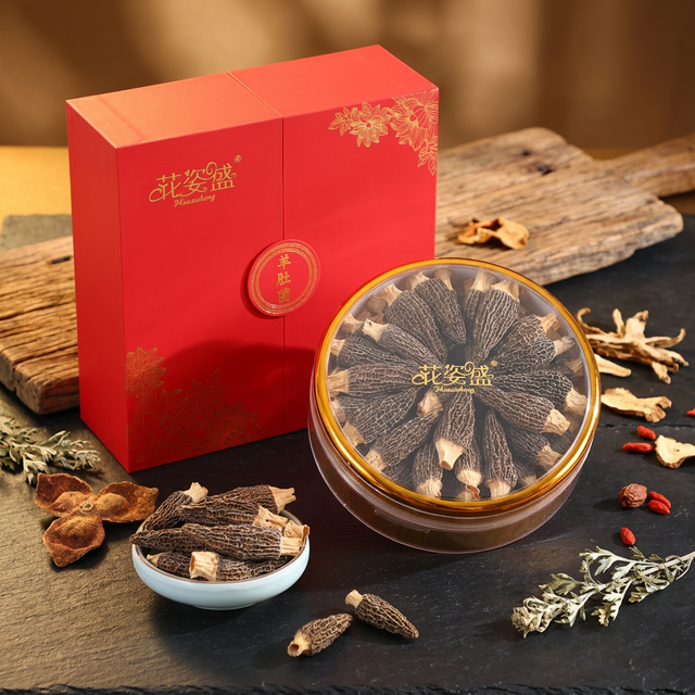 花姿盛金堂羊肚菌干品特写,菌盖完整纹理清晰