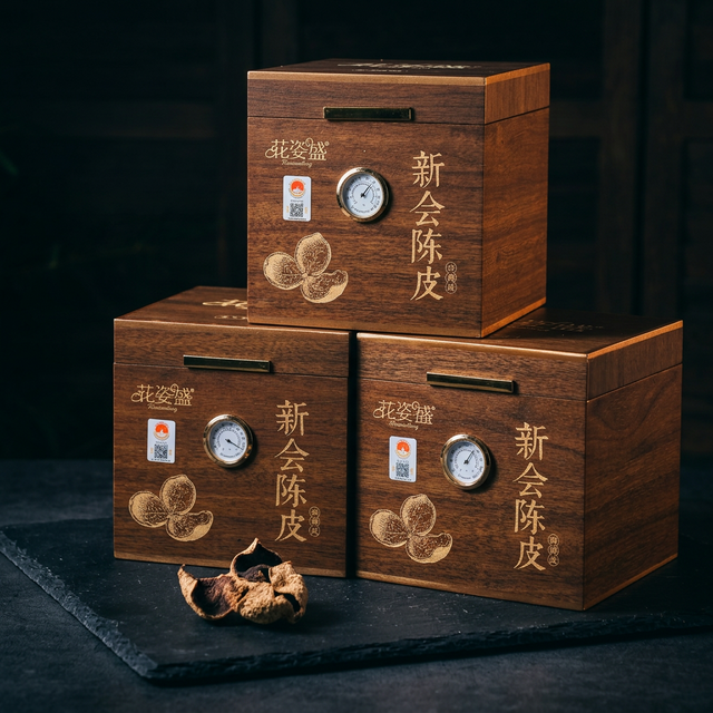 花姿盛新会陈皮近距离特写，油室饱满纹理清晰