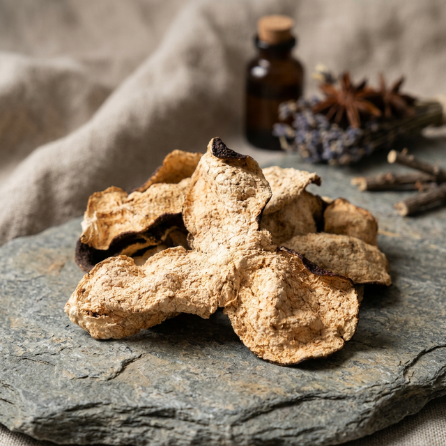 花姿盛新会陈皮石板展示特写，油室纹理分明