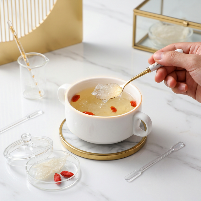 花姿盛燕窝产品特写，天然米白色泽的优质燕盏