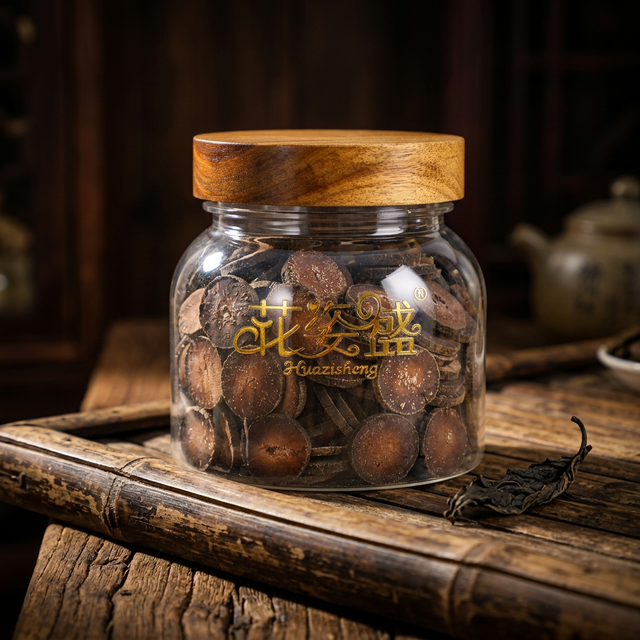 花姿盛化橘红干片置于竹托盘上，表面绒毛清晰可见